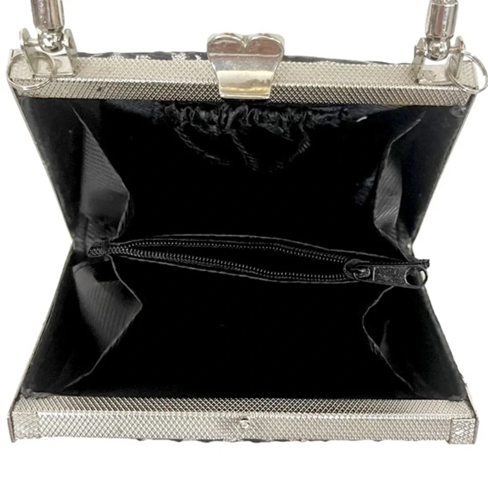 Y2K Ornate Silver Butterfly & Glitter Rose Fabric Clasp Top Mini Hard Bag - Picture 6 of 6